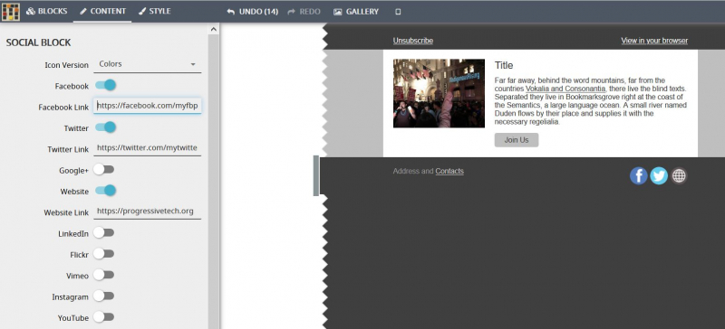 mosaico footer social media icons and links